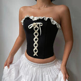 Contrast Ruched Bandage Corset Top Vintage 2000s Strapless Cropped Tops for Y2k Elegant Ladies Vest Harajuku